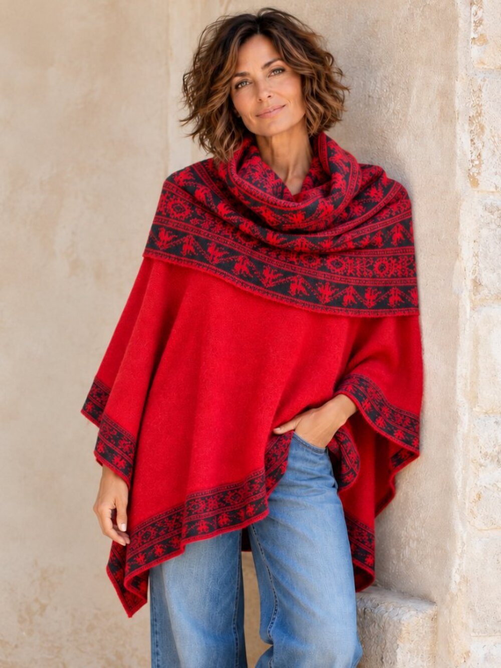 Pure Alpaca Knit Poncho | Red & Black Fair Isle Pattern